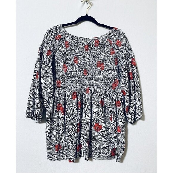 J Jill Womens Medium Floral Smocked Tunic Top 3/4 Sleeve Knit Stretch Boho - Picture 2 of 9